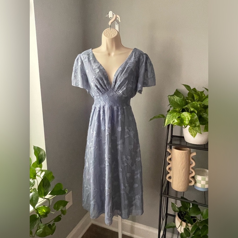 NWT. Blue Baltic Born Midi Dress with Flutter Sleeves. Size XS.